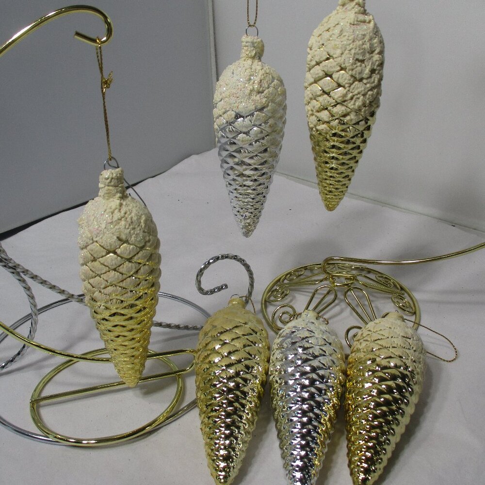 Bundle of 6 Snow-Covered Silver & Gold Pinecone Pine Cone Christmas Ornaments - Picture 5 of 5